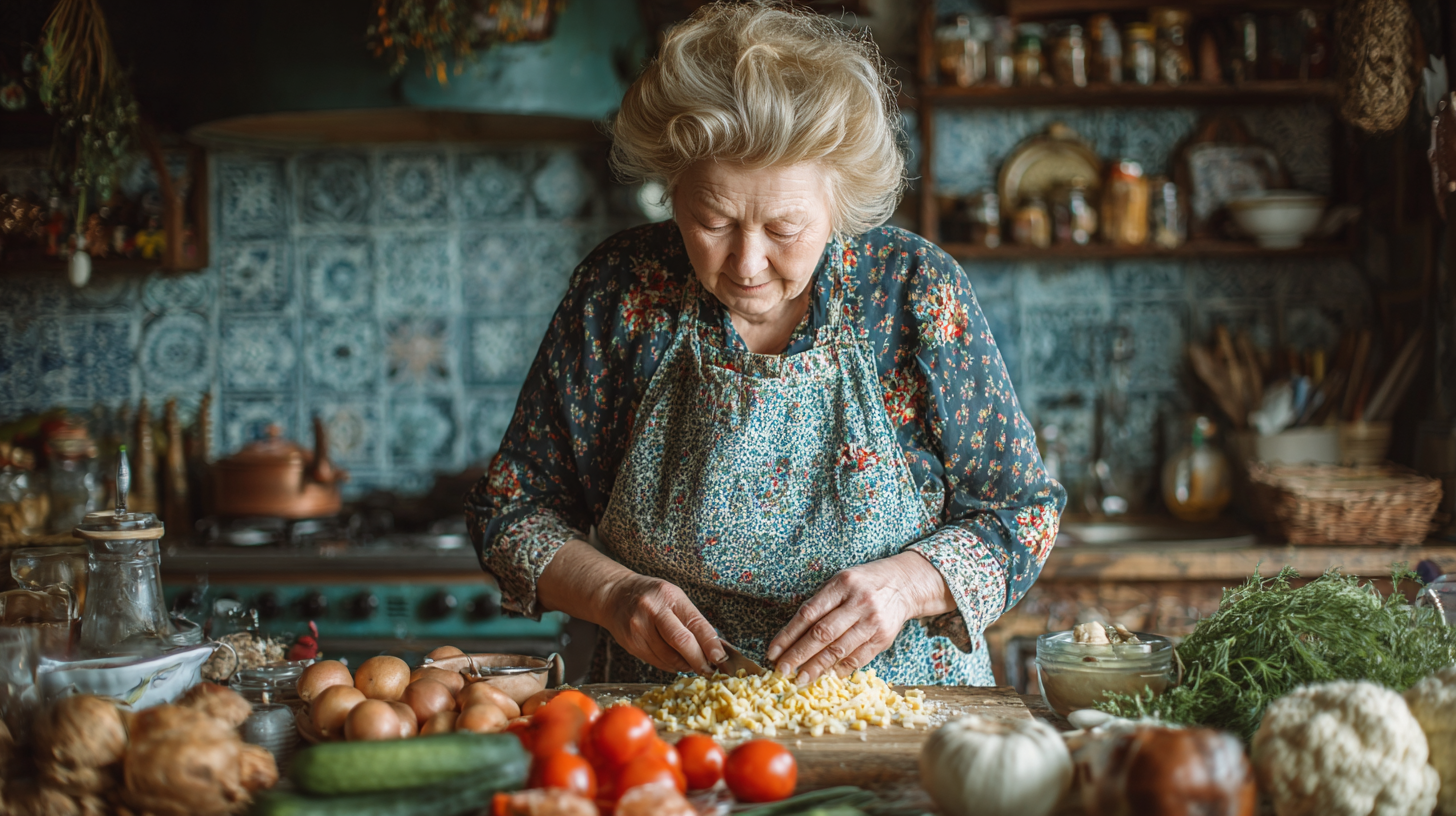 Старша пара готує здорову їжу разом на кухні